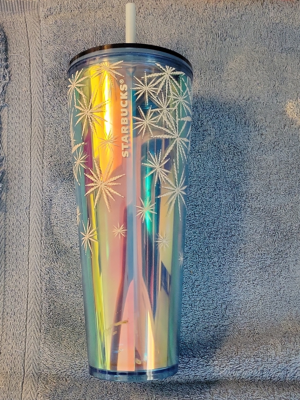 Starbucks 2023 Holiday Blue Textured Snowflakes Iridescent Venti Cold Cup Tumble